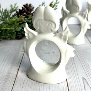 Creamy White Ceramic Angel Napkin Rings Vintage Christmas Set of 10, 3.5" Tall